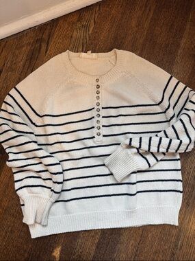 Sezane Cream and Black Striped Button-Front Sweater